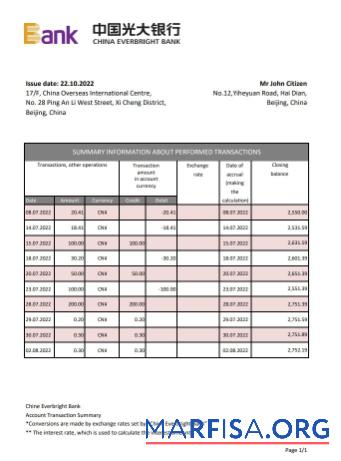 Realistic China Everbright bank statement excel template